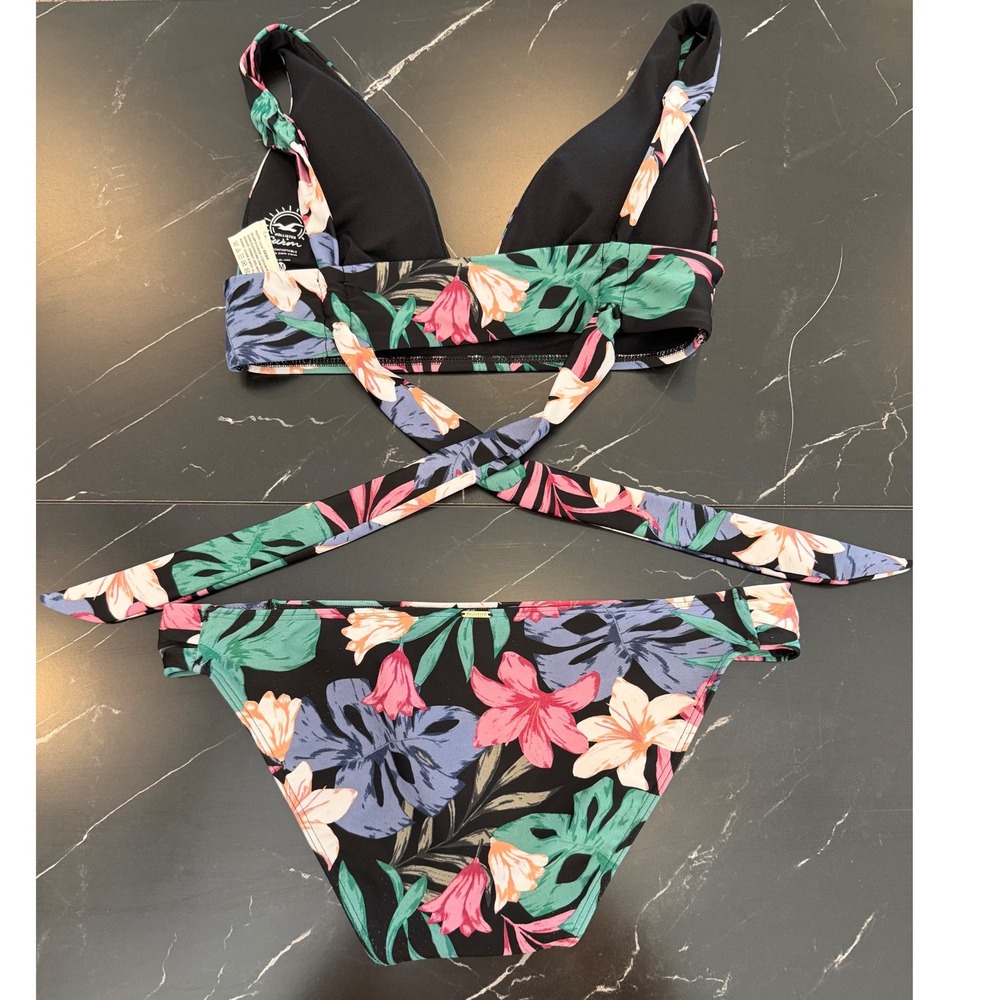 Hollister Swim Womens Medium Black Tropical Floral Wrap Triangle Bikini Set M - Picture 2 of 11